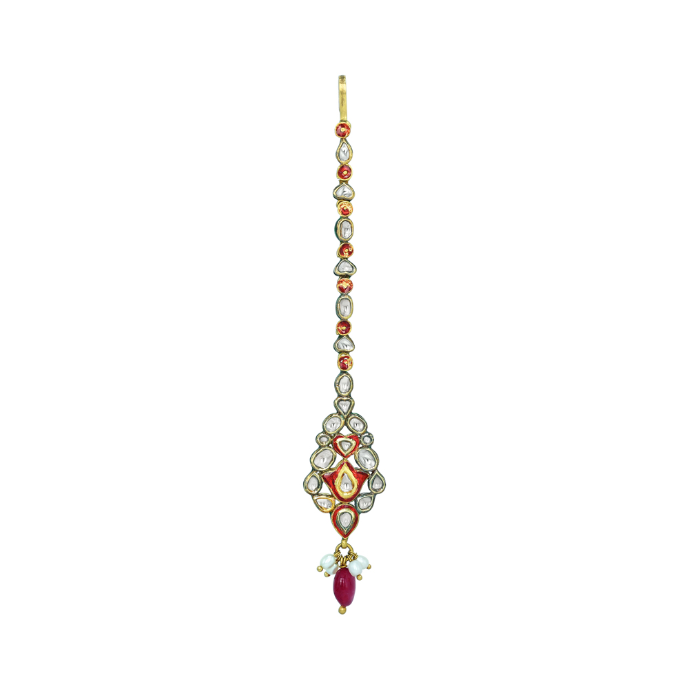 Red Enamel Polki Mangtikka with a Drop and Pearls